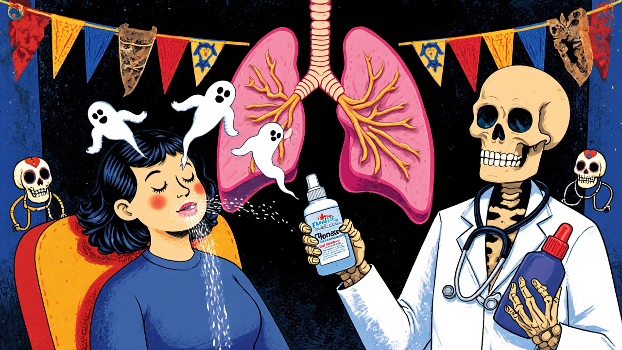A patient rinsing their mouth as harmful spirits flee, with a doctor offering pill and nasal spray alternatives.