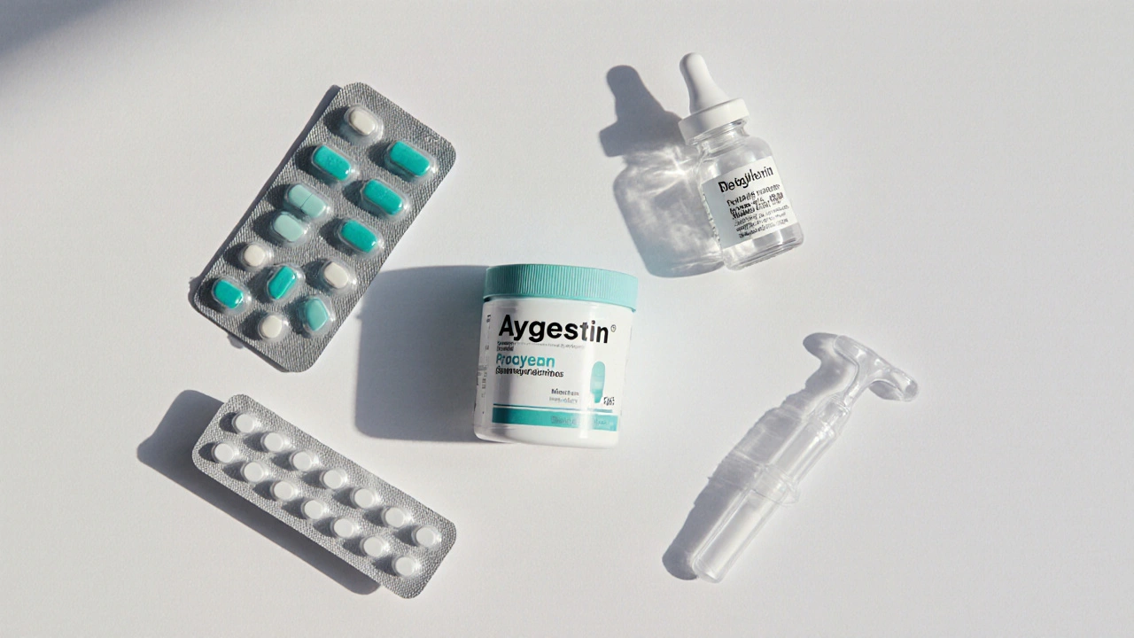 Array of different progestin medications—tablet, injection vial, combined pill, IUD—displayed in limited-color palette.