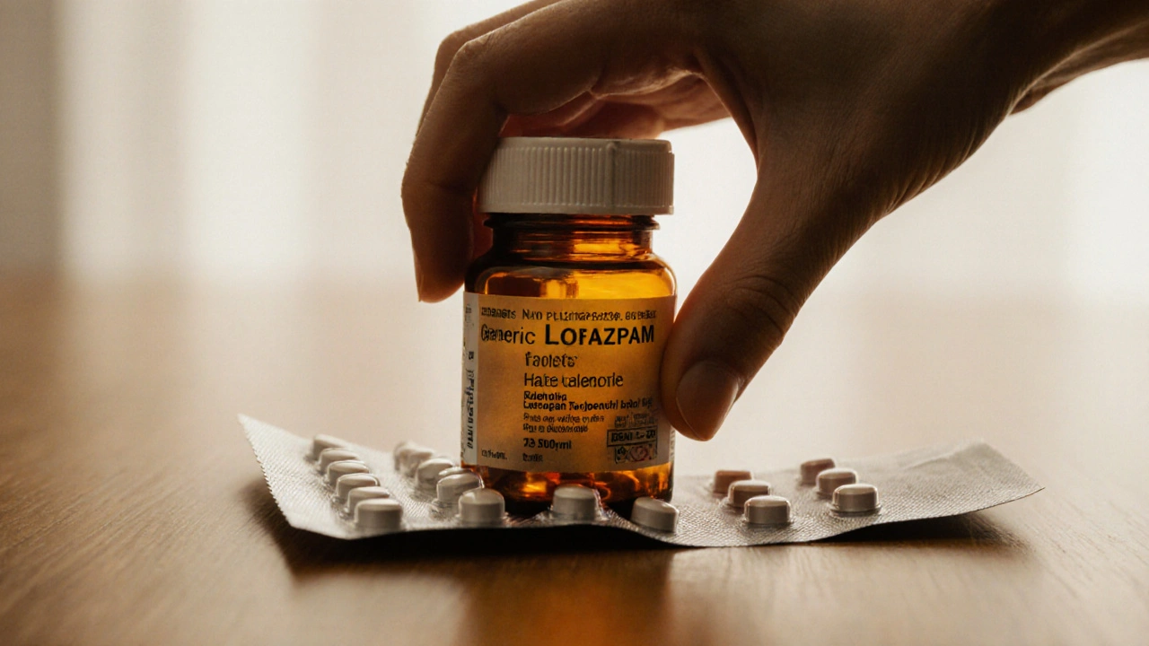 Close‑up of opened box showing amber lorazepam bottle being inspected.