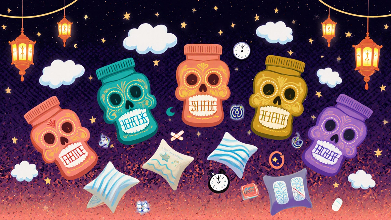 Colorful skull‑styled pills float with symbols of REM suppression and sleep changes in a festive layout.