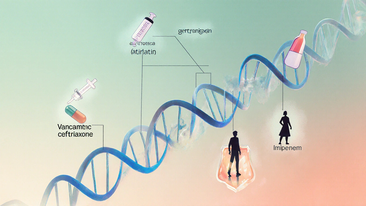 Conceptual decision tree with antibiotic icons and patient silhouettes.