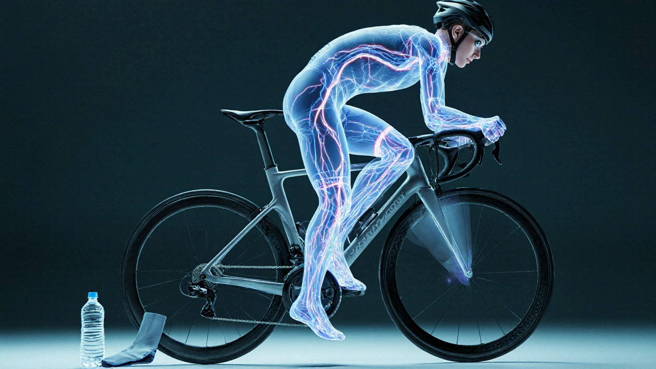 Cyclist in flexed position with highlighted veins and water bottle nearby.