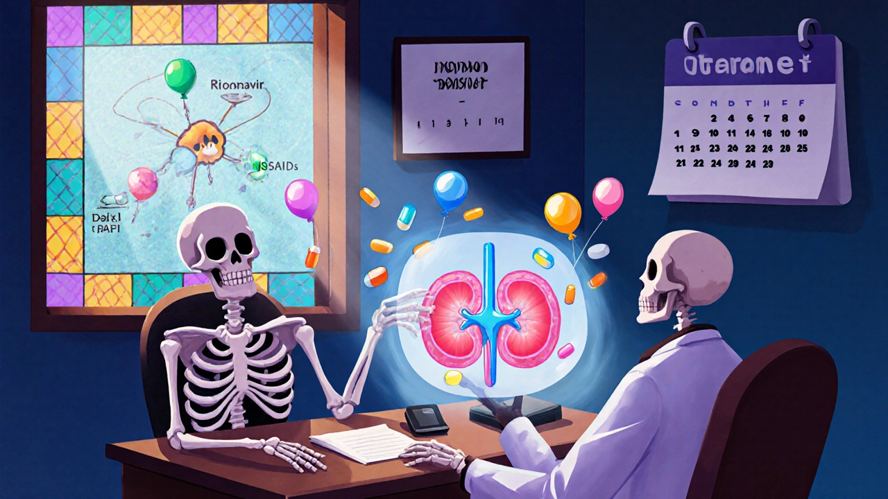Day of the Dead doctor explains dosage, showing kidney and drug icons around a skeleton patient.