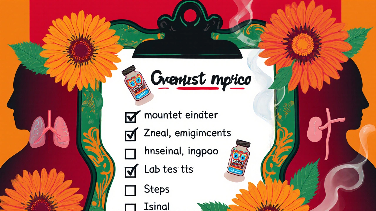 Day of the Dead style checklist on a skull clipboard showing dosage, labs, and monitoring icons.
