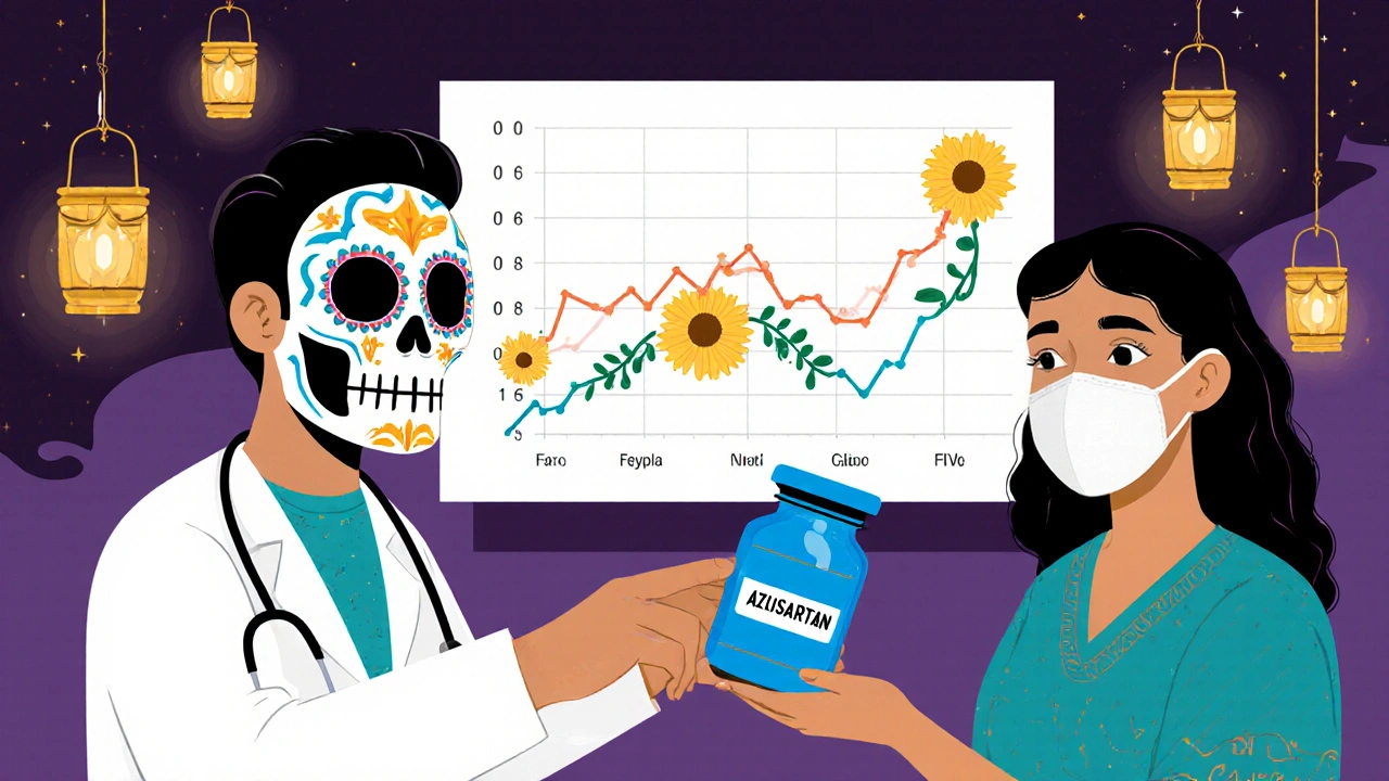 Doctor gives a blue Azilsartan bottle to a CF patient, chart of lowered BP and improved FEV1 in background.