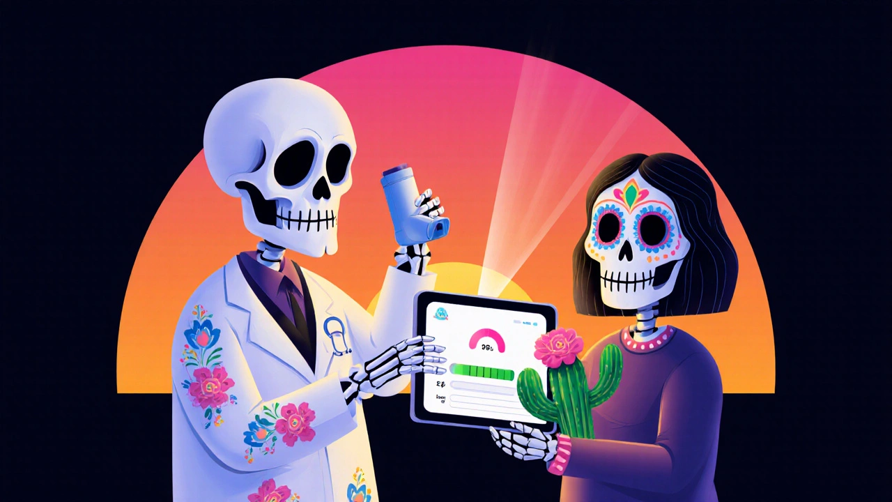Doctor skeleton shows smart inhaler app to calm patient.
