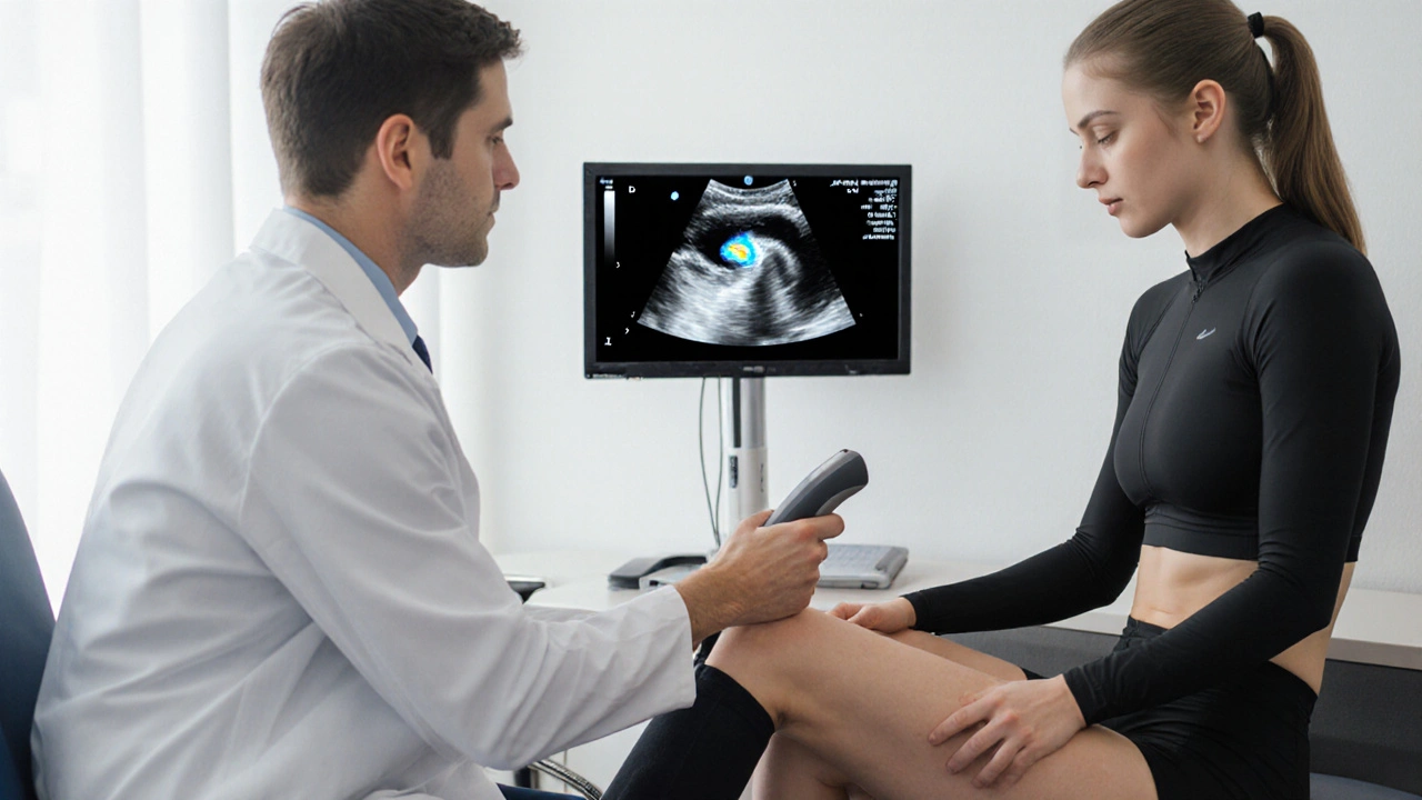 Doctor using ultrasound on athlete&#039;s calf, showing a clot on the screen.
