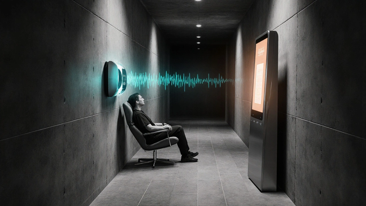 Duotone clinic scene with TMS coil and digital therapeutic app suggesting future treatment.