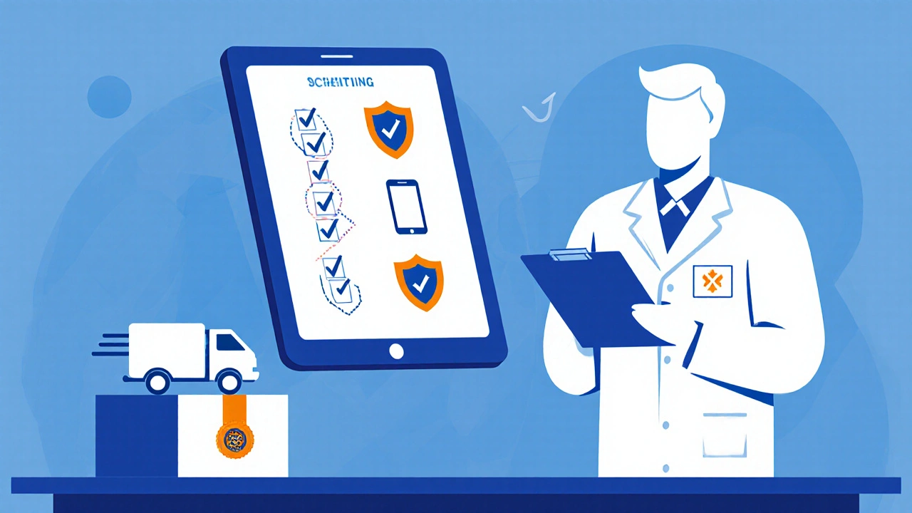 Flat illustration of pharmacy safety checklist, pharmacist, and sealed parcel.