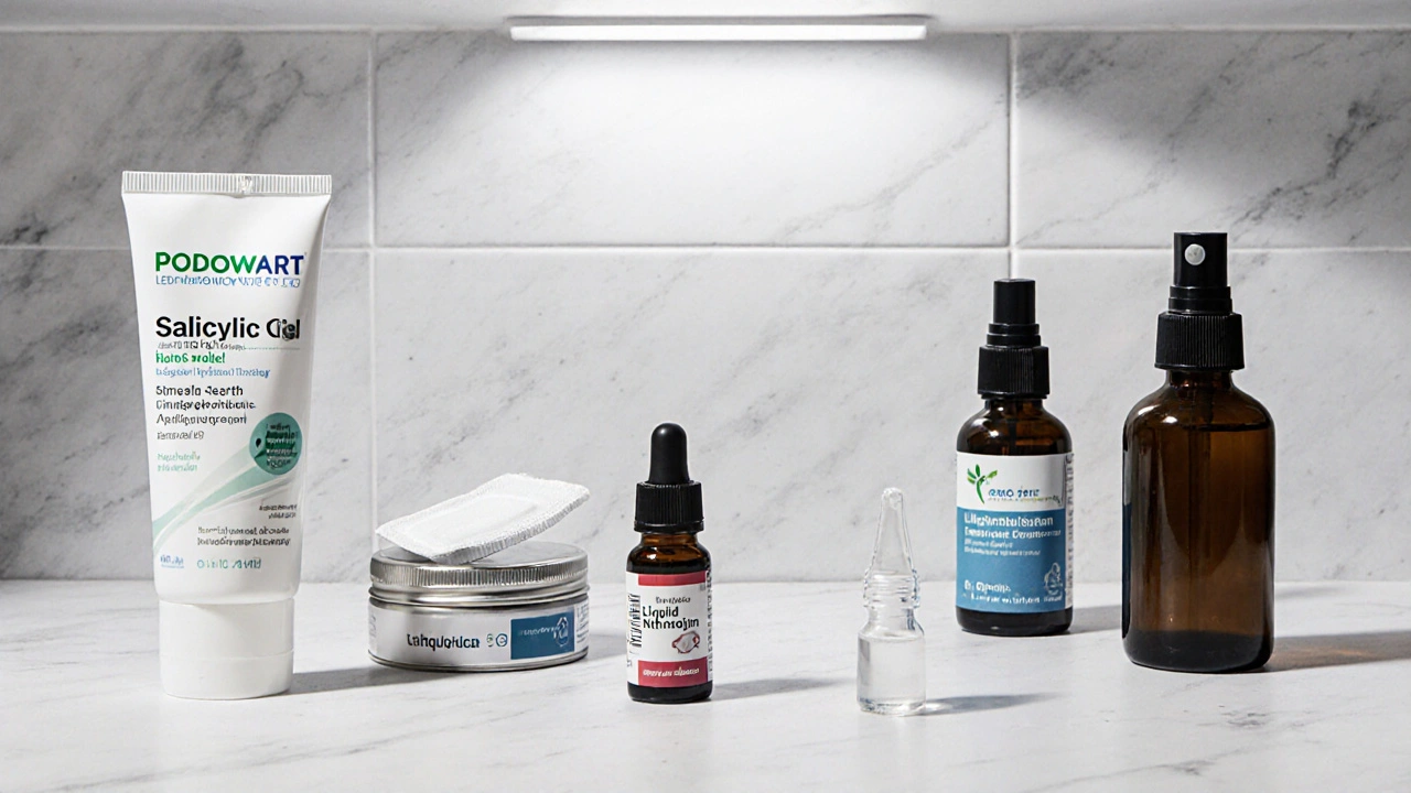 Flat‑lay of various wart‑treatment products on a white surface.