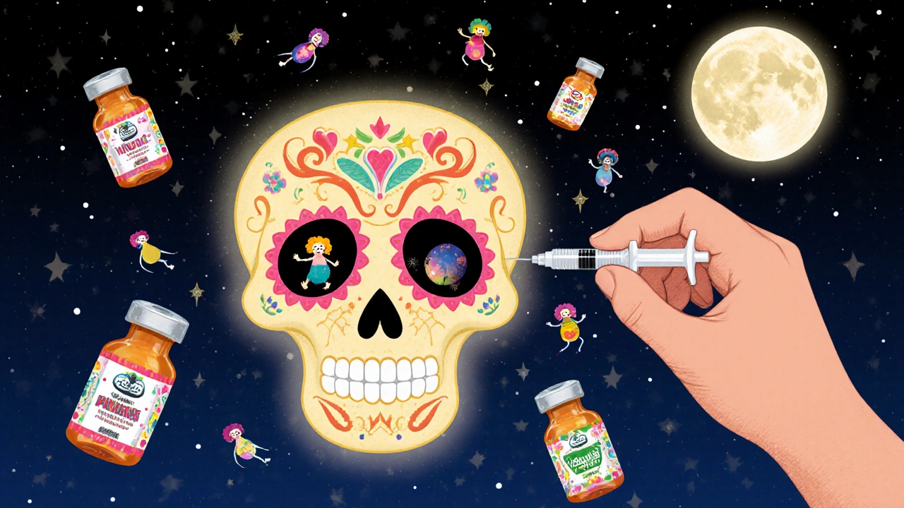 Hand injecting hCG into a sugar skull ovary, with sperm and egg icons dancing nearby under a syringe-shaped moon.