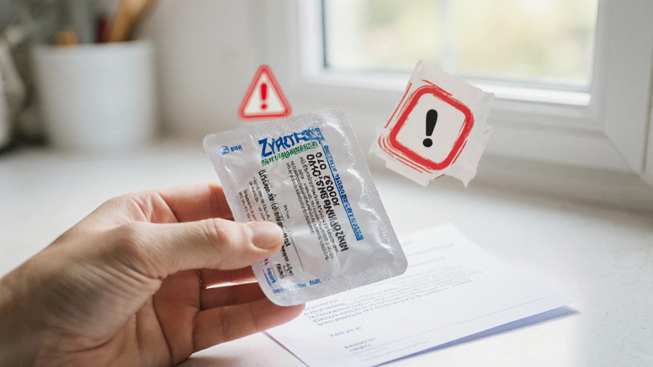 Hand inspecting Zyrtec blister pack, checking batch number and expiry date.