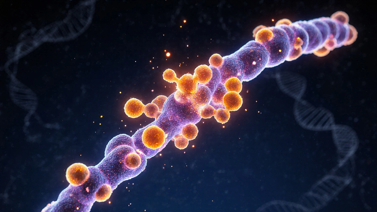 Illustration of amikacin molecules binding to a bacterial 30S ribosome.