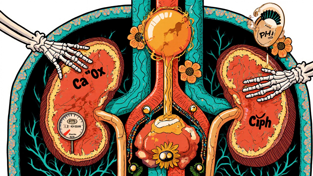 Kidney shaped like a calavera showing calcium‑oxalate and calcium‑phosphate stones with pH gauge.
