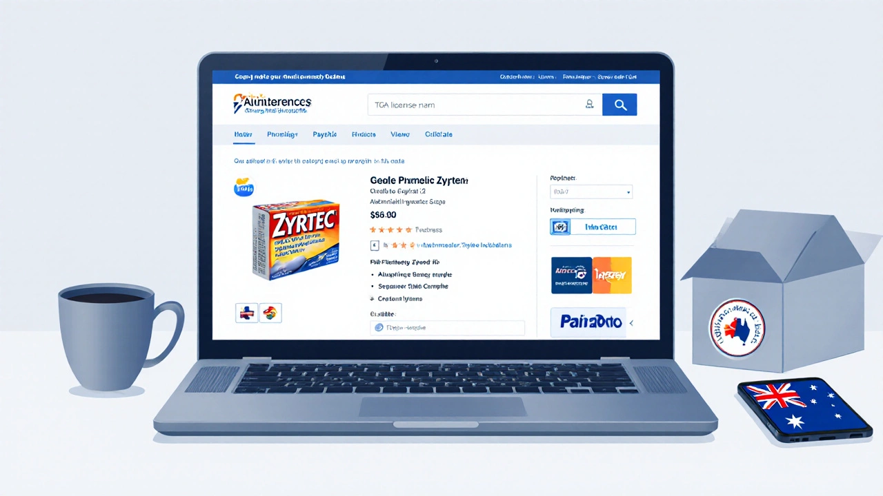 Laptop showing a TGA‑registered pharmacy site with Zyrtec product and secure payment icons.