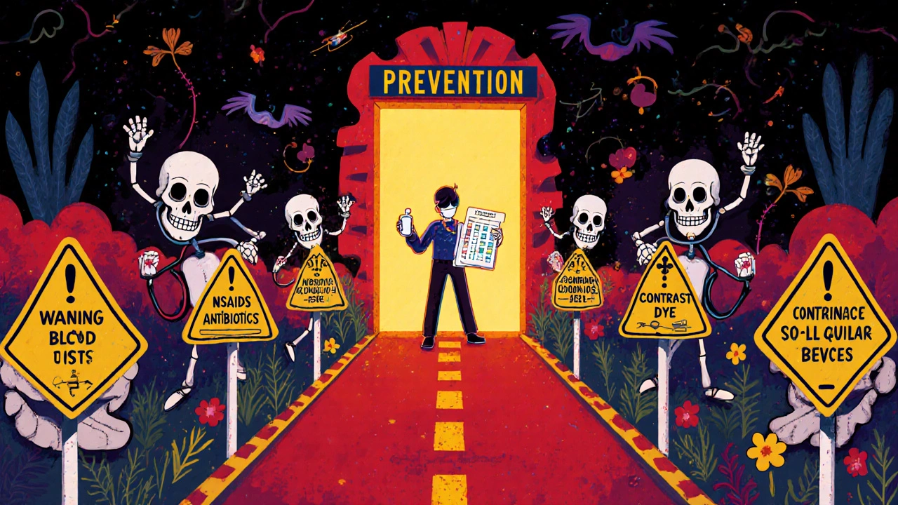 Pathway of warning skulls leads to a bright doorway of prevention with blood test and water.