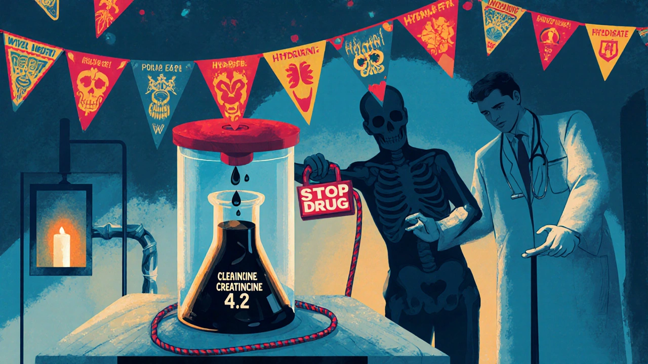 Patient's shadow becomes a damaged kidney as a doctor pulls an alarm cord labeled 'STOP DRUG'.