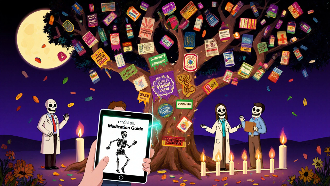 Patient holding a Medication Guide banner beside a digital warning pop-up, with healthcare workers in calavera masks debating.