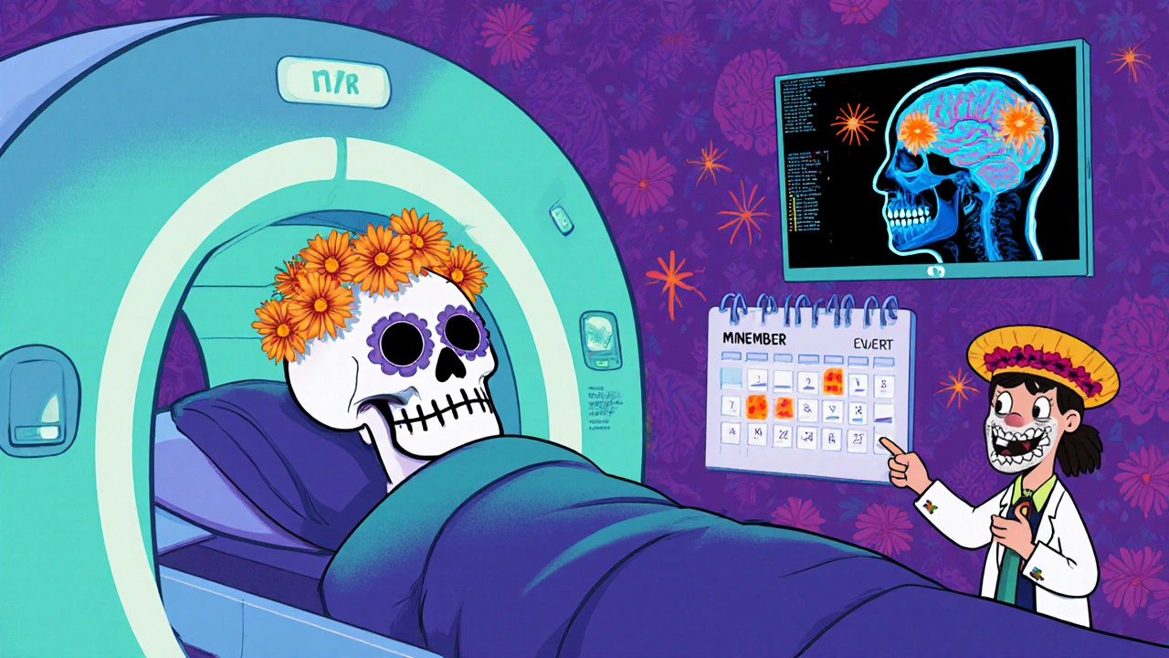 Patient in MRI scanner wearing a decorative skull mask, brain lesions highlighted on monitor, calendar marked.