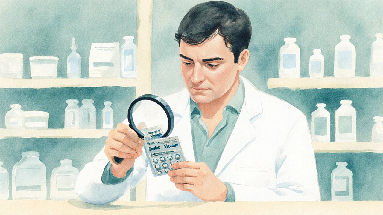 Pharmacist examining a blister pack of tablets with a magnifying glass in a pharmacy.