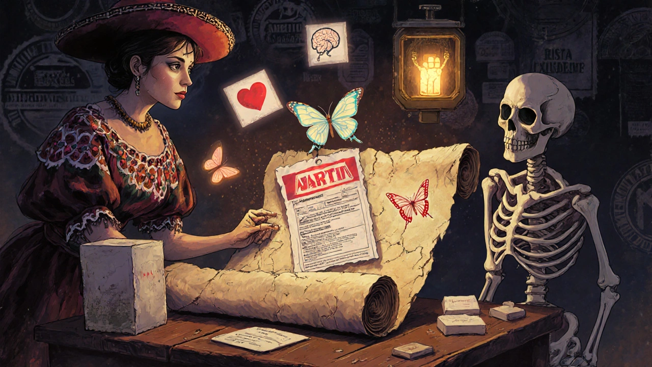 Pharmacist placing a new boxed warning on an old scroll as a skeleton patient observes, surrounded by floating medical icons.