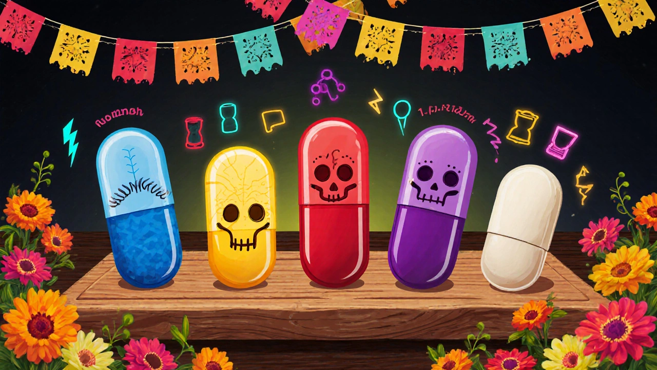 Row of colorful Day of the Dead decorated ED pills representing different brands.