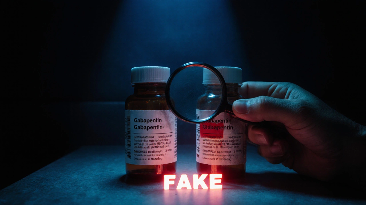 Side‑by‑side view of genuine and counterfeit gabapentin bottles with mismatched batch numbers.