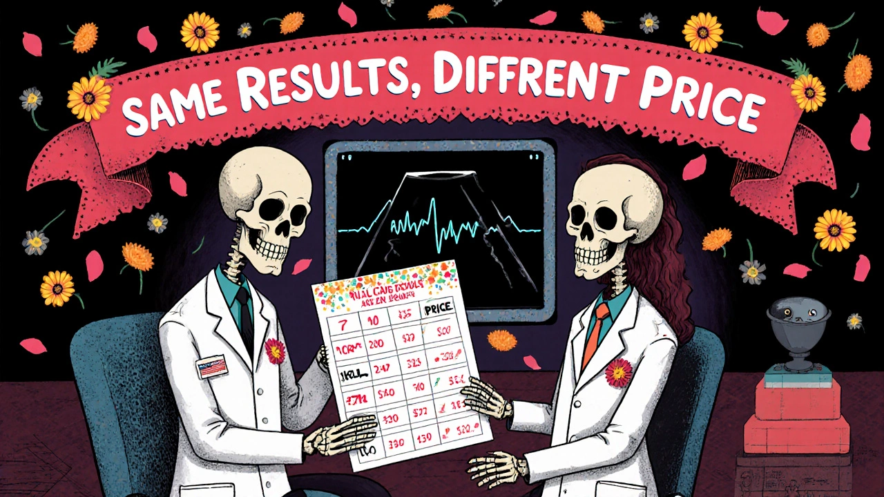 Skeletal doctors consulting a patient skeleton beside a price comparison chart, with marigold petals falling in a clinic setting.
