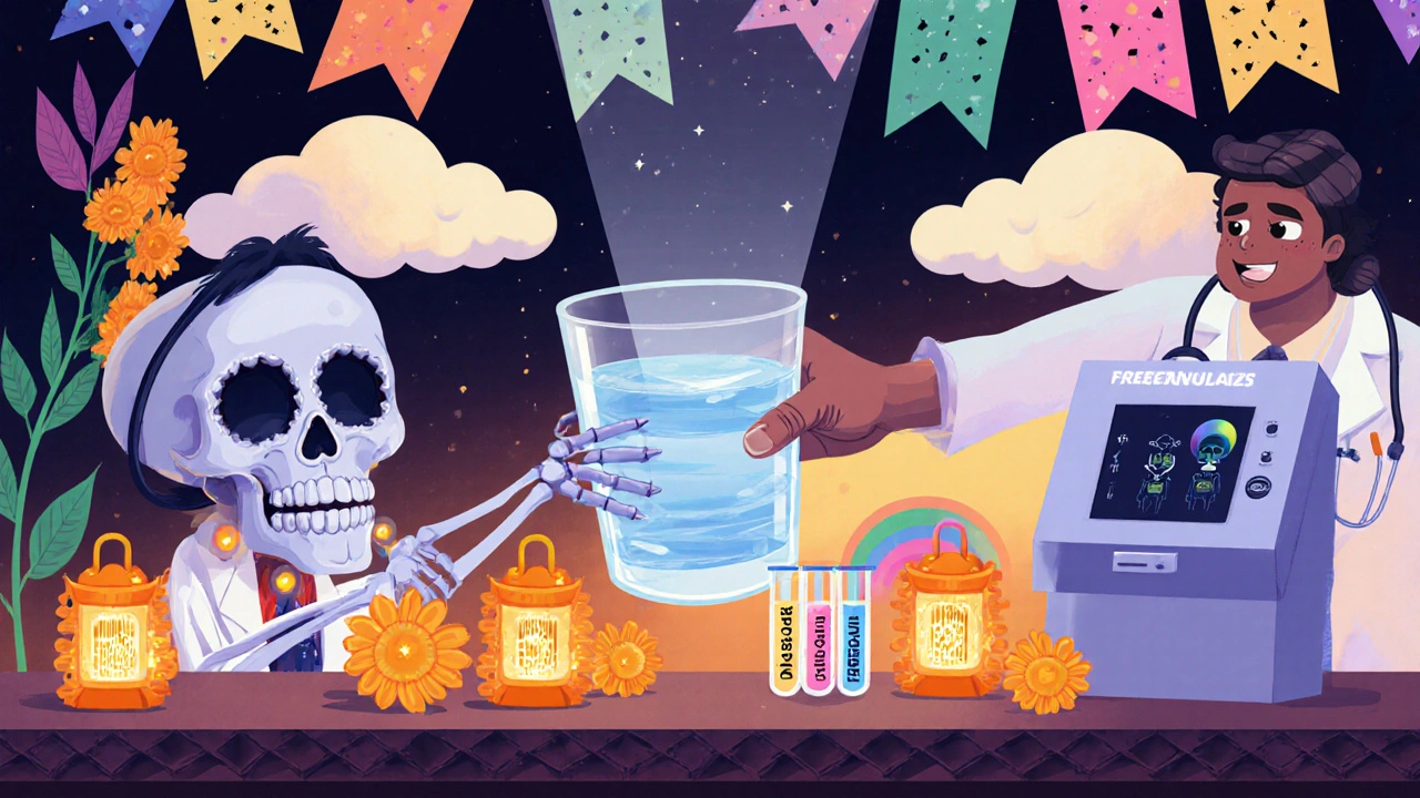 Skeleton doctor giving a water glass to a sugar‑skull patient, with lab tubes and a stone‑breaking beam.
