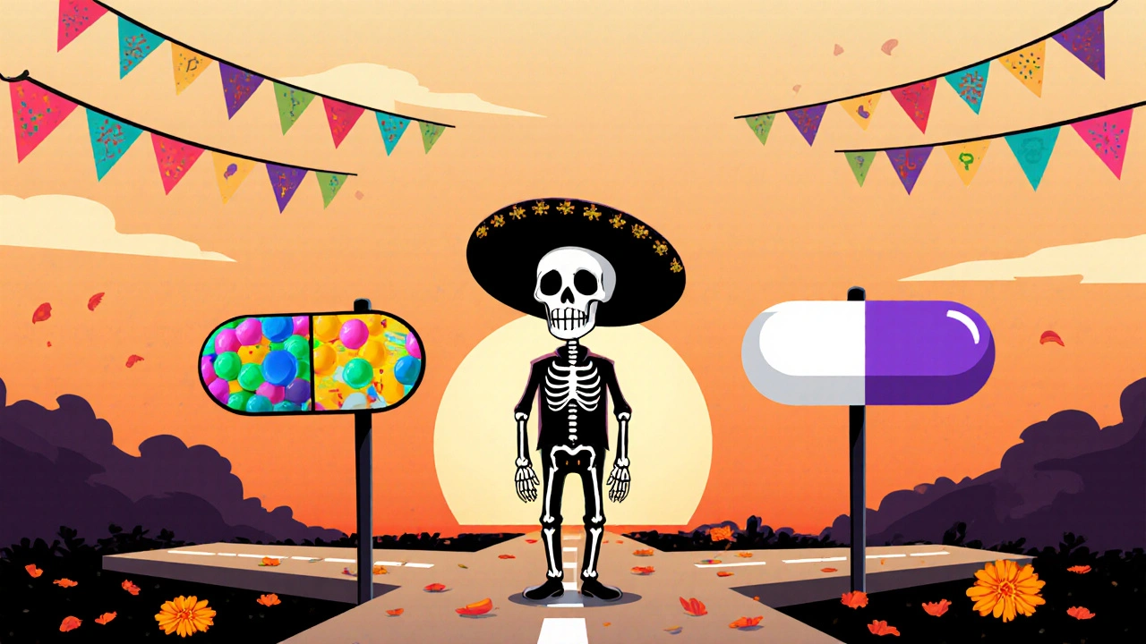 Skeleton man at a fork with three pill-shaped signs indicating different choices.