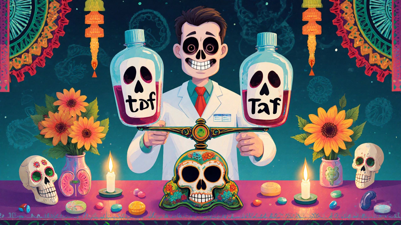 Skull lab tech compares TDF and TAF tablets on a colorful table with bone and kidney symbols.