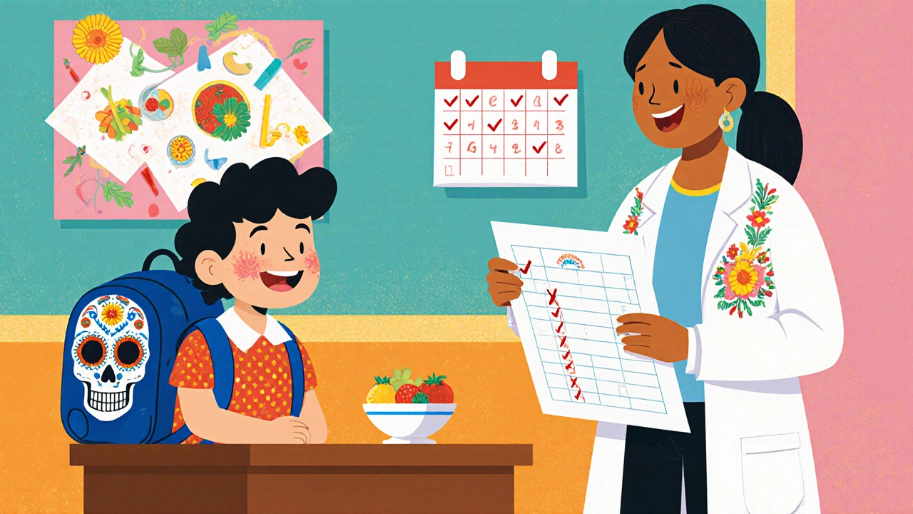 Smiling child at school with doctor giving dosage chart, surrounded by festive Day of the Dead décor.