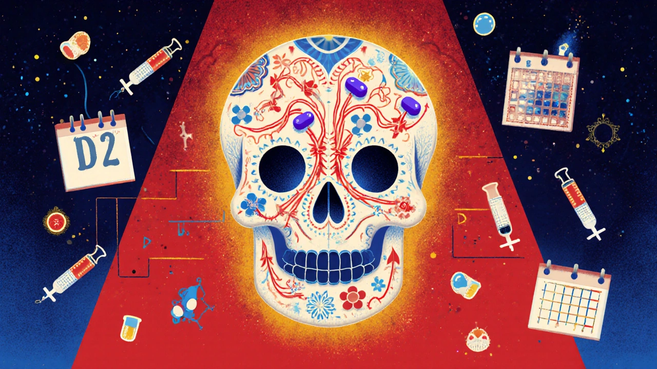 Sugar‑skull brain diagram with chlorpromazine pills blocking dopamine pathways.