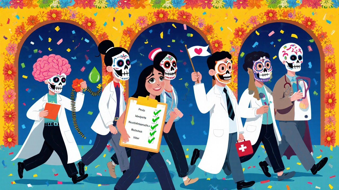 Team of specialists in Day of the Dead style marching with a patient holding a checked‑off care checklist.