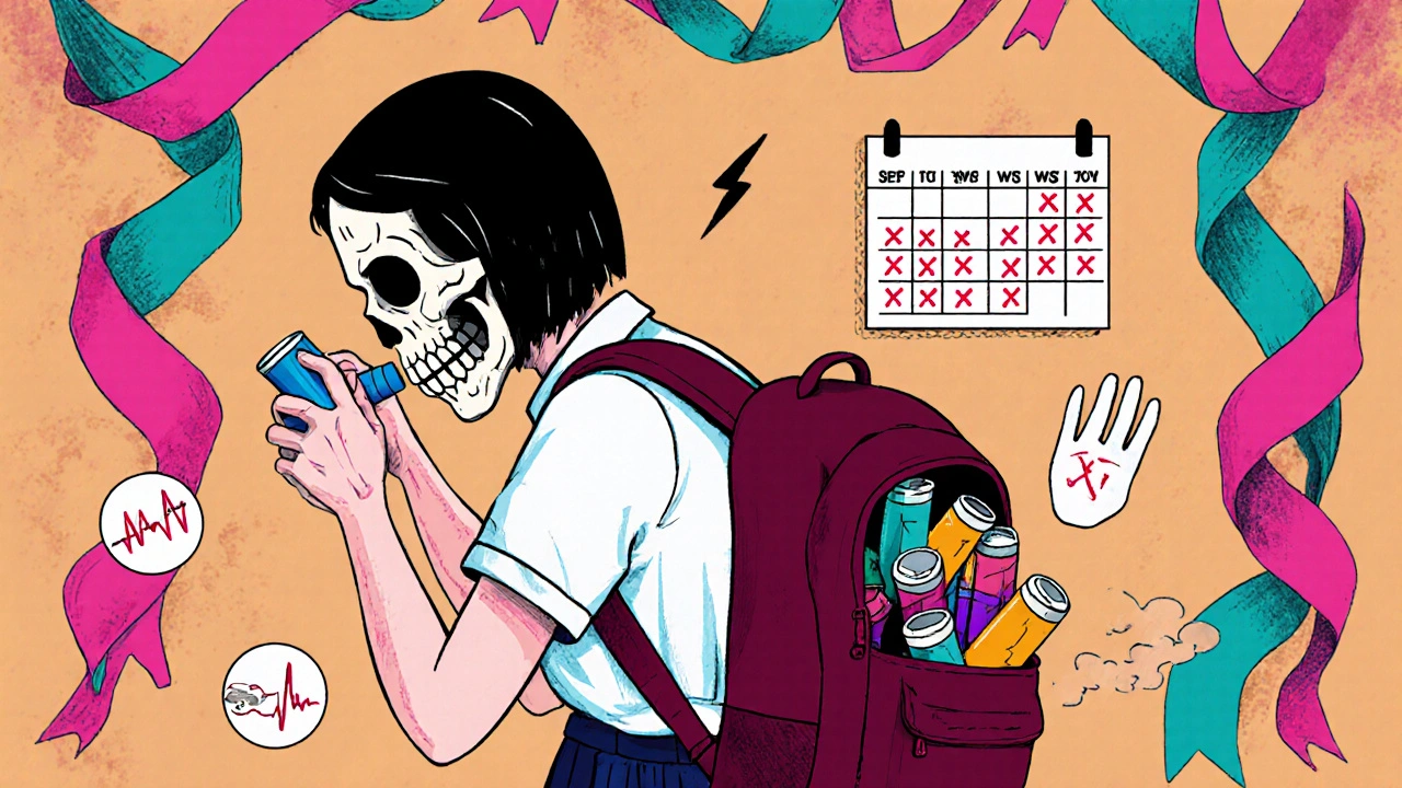 Teenage sugar‑skull hides inhalers, calendar shows frequent use.