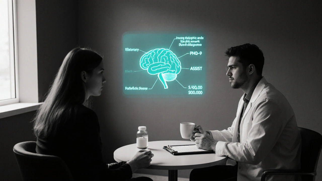 Therapist and patient in a duotone room, subtle teal medical items indicating integrated assessment.