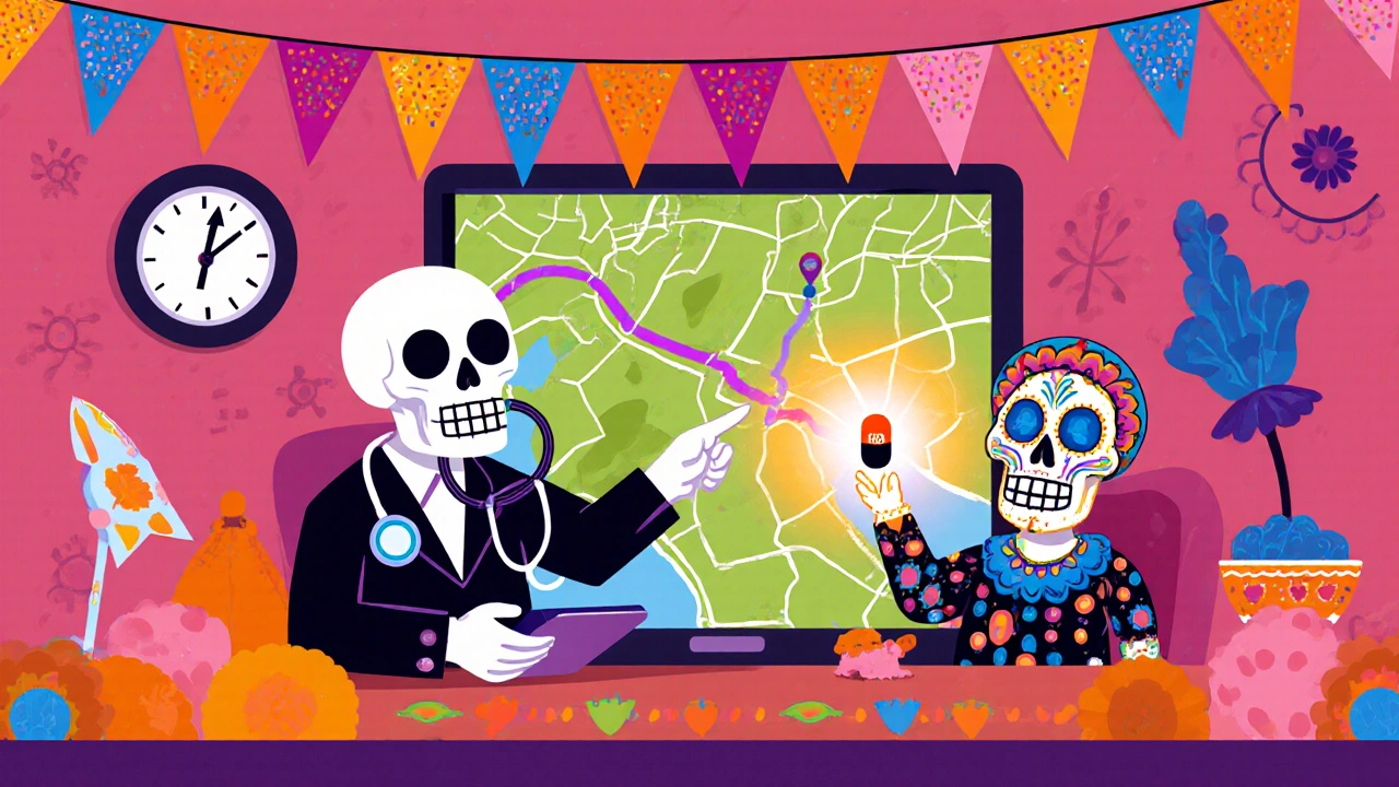 Therapist skull guides a patient skull on a GPS‑like map with an Acamprosate tablet.