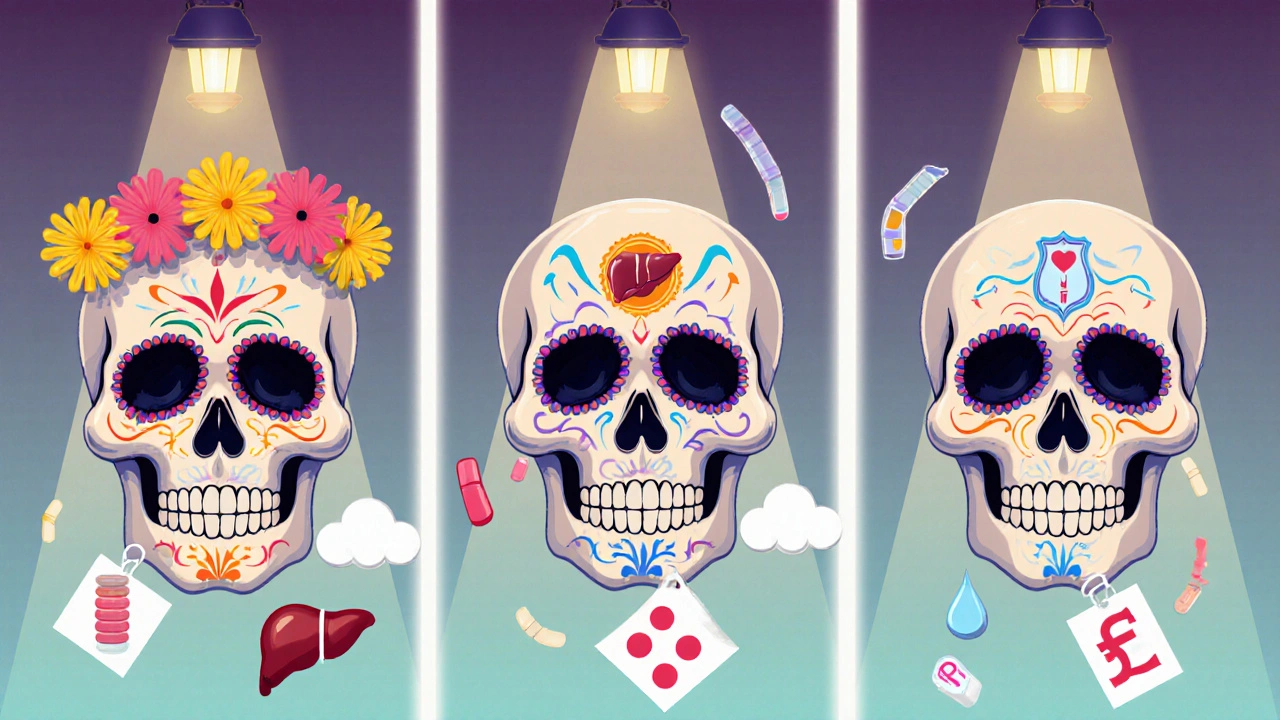 Three Day of the Dead skulls comparing Lisinopril, Enalapril, and Ramipril doses, side effects, and prices.