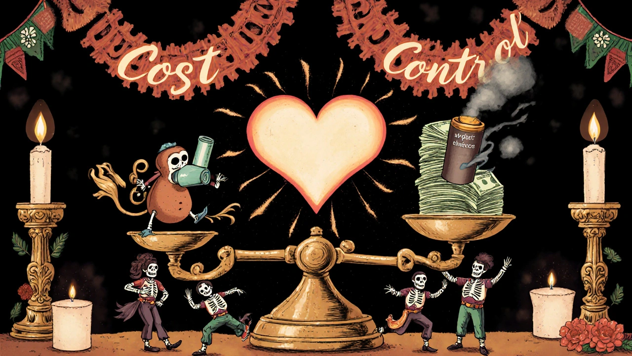 Three different inhaler spirits danced around by calavera figures, with a scale balancing cost and control.