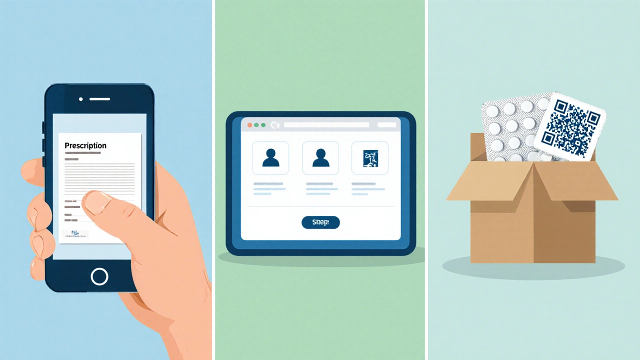 Three‑panel illustration of scanning prescription, uploading, and receiving a box with pill blister pack.