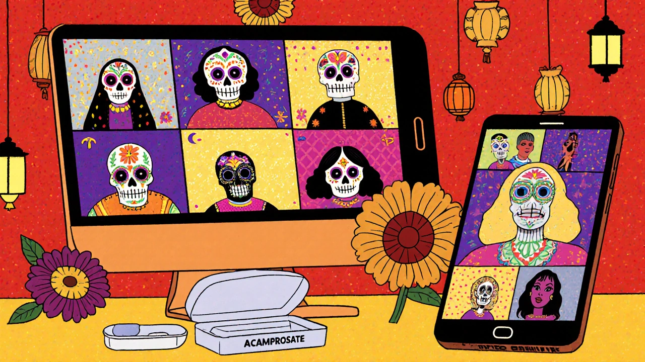 Virtual support group of sugar skulls sharing a reminder pill box, in bright Day of the Dead style.