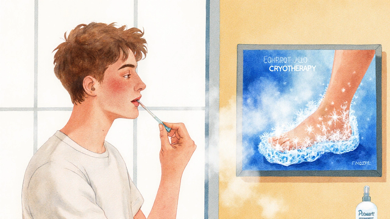 Watercolor scene of applying Podowart gel and a nearby cryotherapy setup.