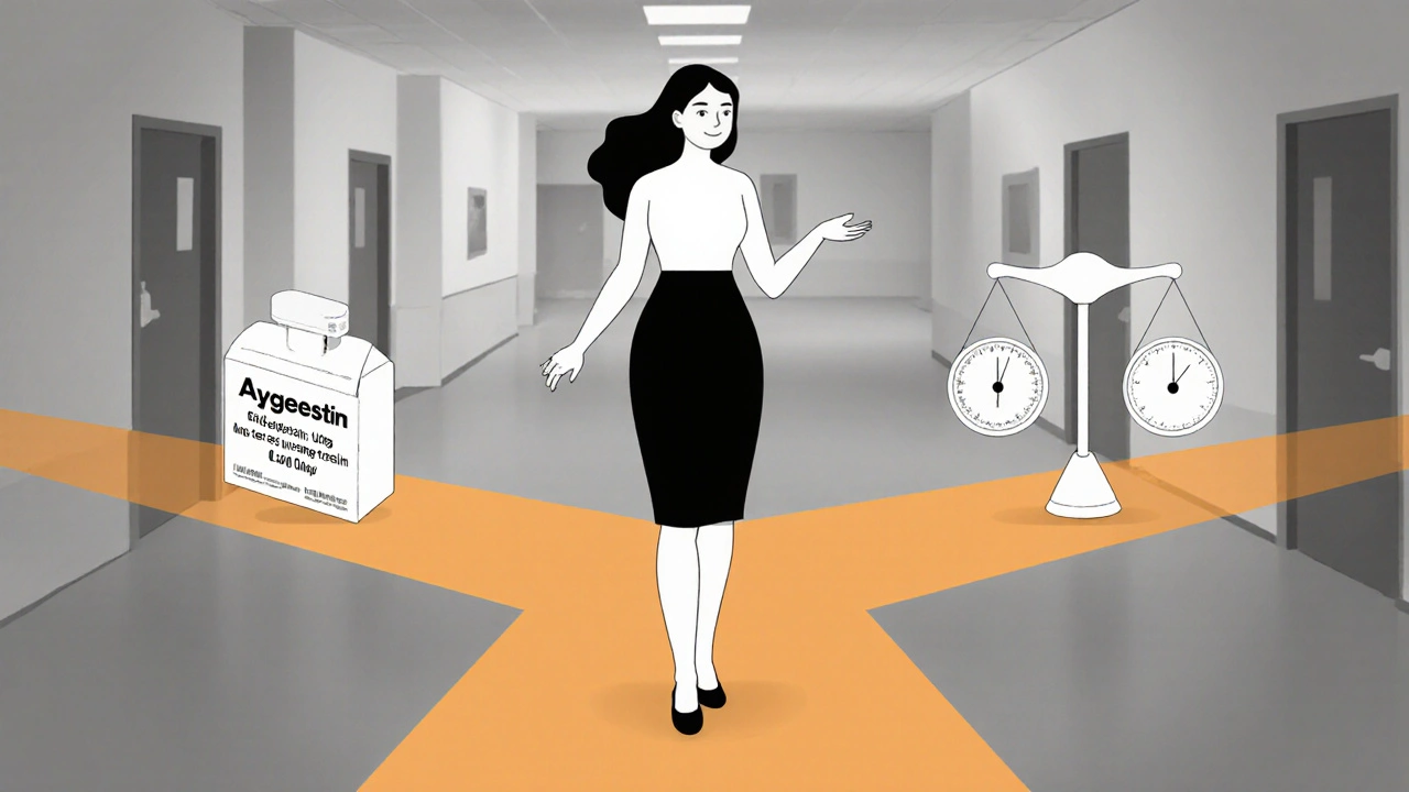 Woman at a symbolic crossroads with icons for pain relief, contraception, and weight concerns, rendered in duotone.