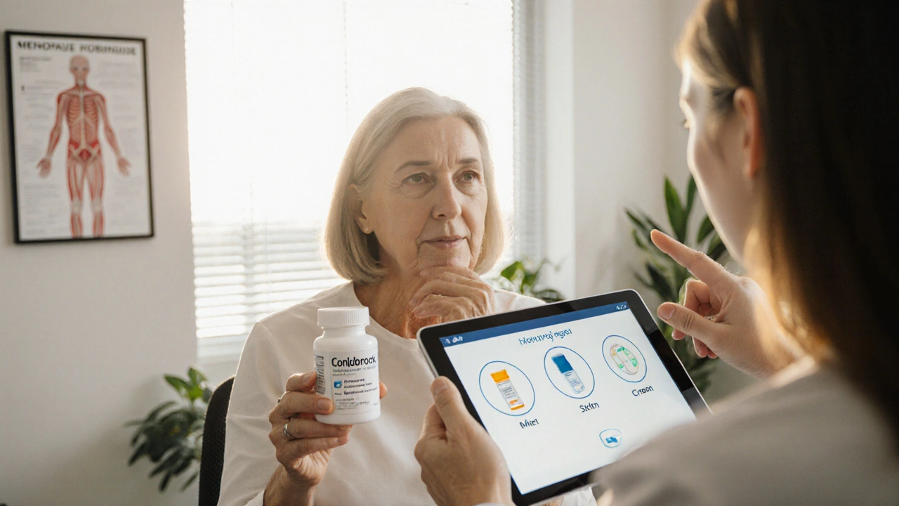 Woman consulting doctor about menopause hormone options.