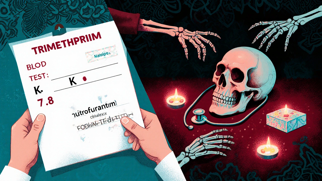 A doctor ignoring a high potassium result while prescribing Bactrim, contrasted with the patient collapsing as safer antibiotics glow as sacred offerings.