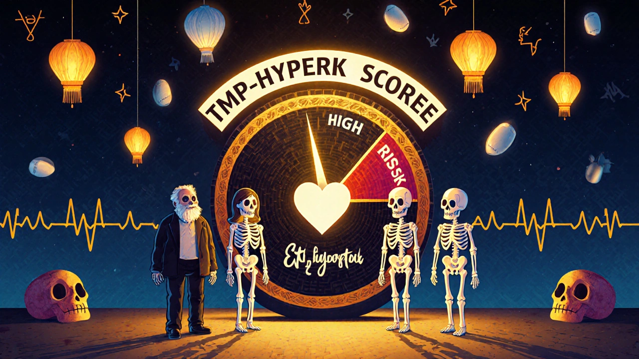 A papel picado-style risk calculator made of bones showing &#039;HIGH RISK&#039; as four at-risk figures stand below, while safe antibiotics float upward like lanterns.