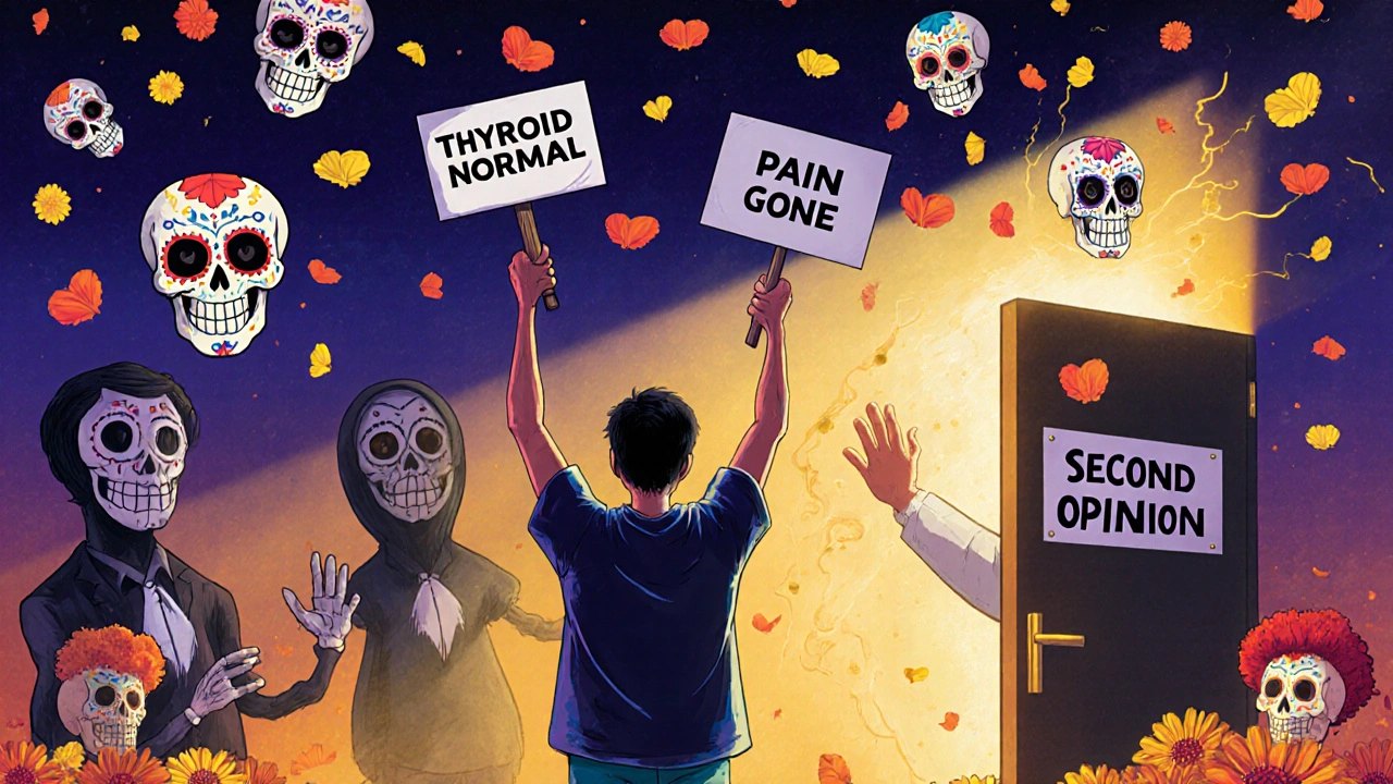 A patient celebrating recovery as side effects fade into petals, with a doctor offering support in a Day of the Dead scene.