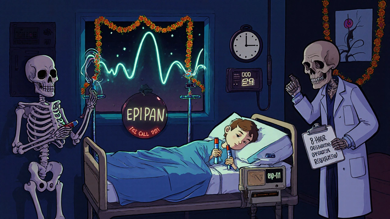 A patient monitored in a hospital room with two EpiPens nearby, skeletal medical devices, and a clock showing 6 AM under marigold garlands.