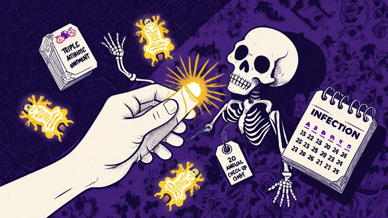 A person applying ointment to a wound as skeleton microbes retreat under golden light.