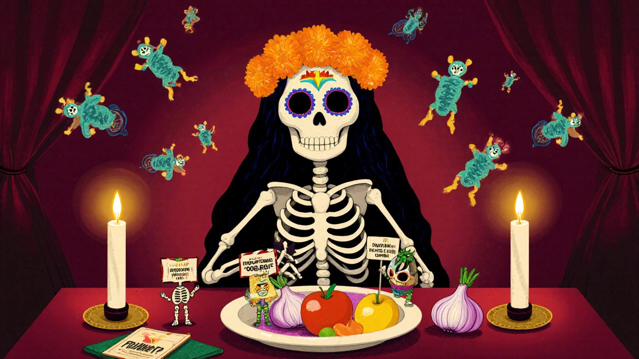 A person beside a plate of skeletal FODMAP foods, with probiotic dancers and a serene gut spirit glowing in warm colors, illustrating dietary balance.